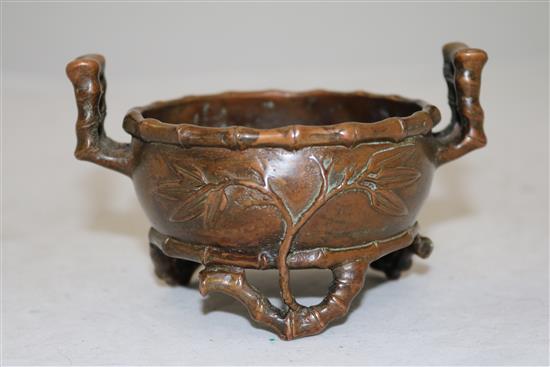 A Chinese bronze bamboo-form censer, width 22.5cm